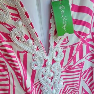NWT Lilly Pulitzer Pink & White Beaded V-Neck Tunic